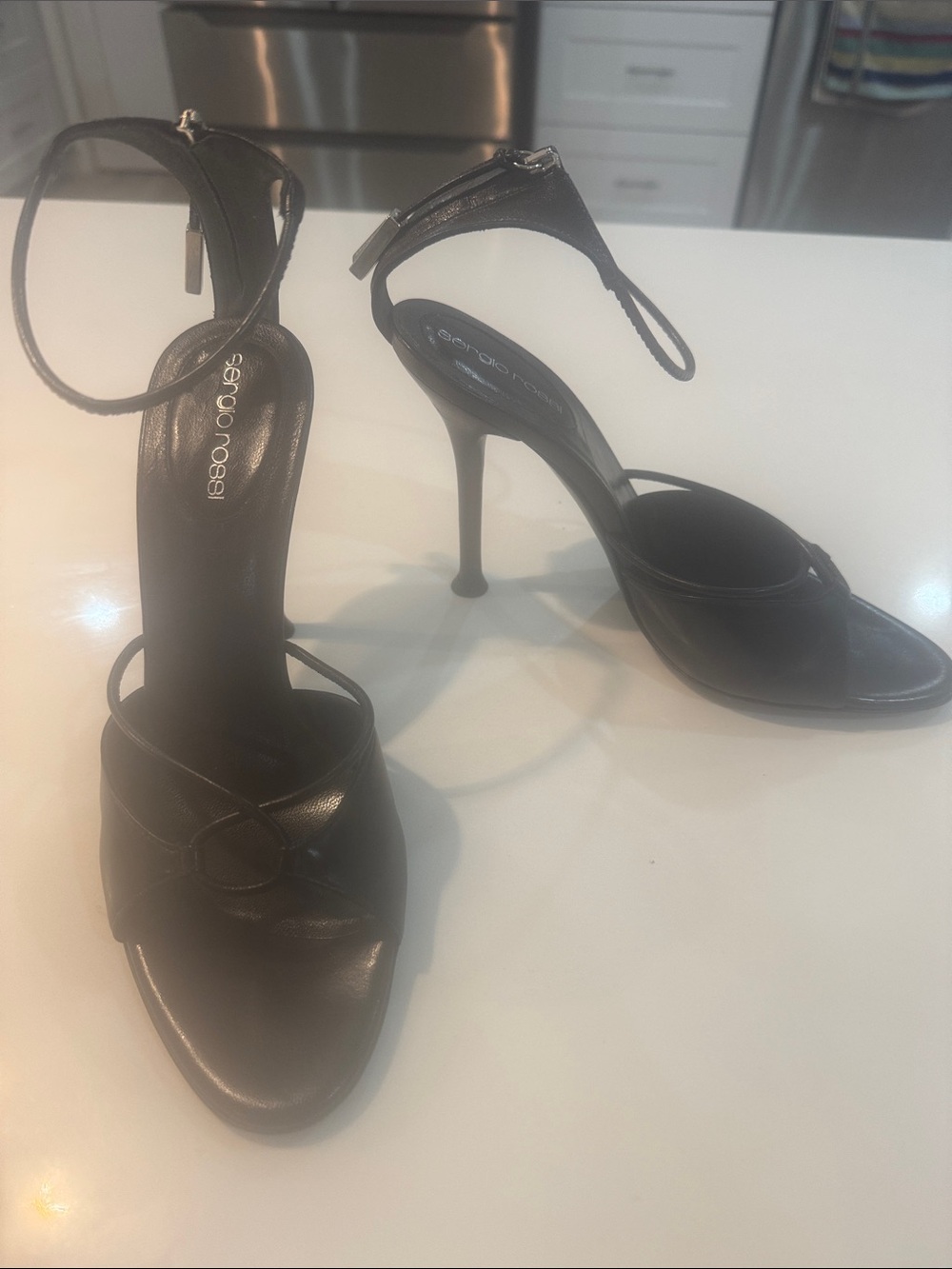 Sergio Rossi Black Leather Ankle-Strap Stiletto Sandals